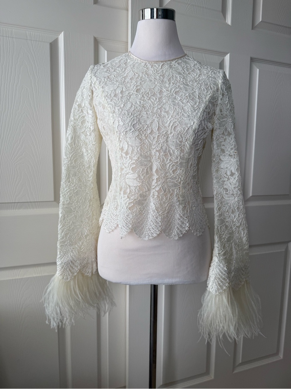 Ivory Lace Blouse with Feather Cuff Detail